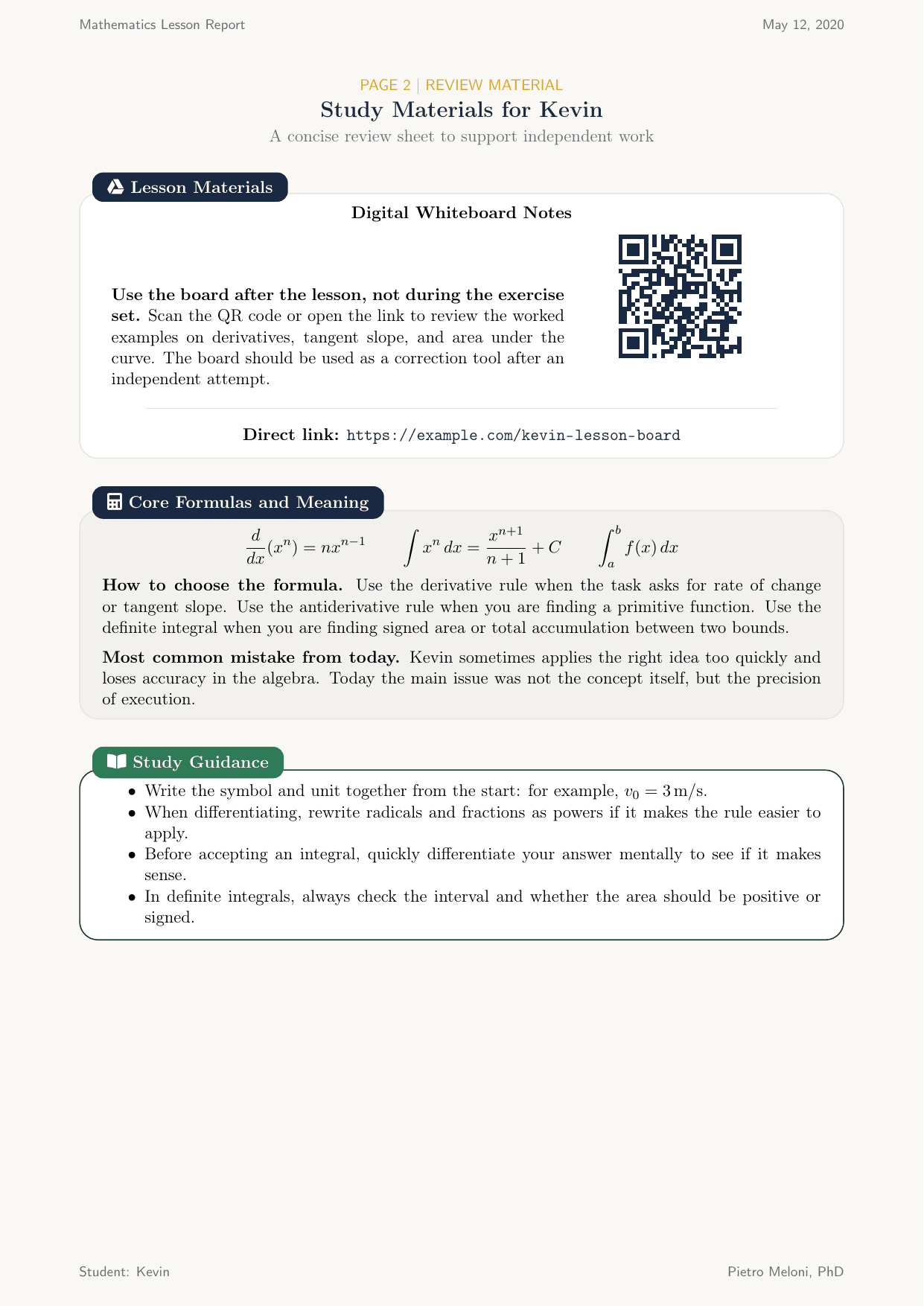Page 2 — Conseils detailles pour l'eleve: strategies d'etude, points a ameliorer et recommandations personnalisees.